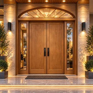 Puerta de Entrada Doble de Madera Maciza Moderna Golden Aero con Parte Superior de Vidrio Curvo y Paneles Laterales para Apartamentos y Villas de Lujo - Product Image 1