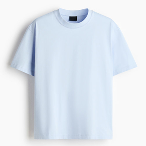T-shirt en coton bleu clair de qualité supérieure pour homme, coupe classique, col rond, épaules tombantes, couleur unie, tricot jersey, design vierge - Product Image 1