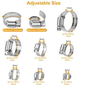 Juego de 60 Abrazaderas de Tubo Ajustables de Acero Inoxidable con Engranaje de Gusano para Mecánica Automotriz y Plomería, Surtido de Abrazaderas para Mangueras - Product Image 2