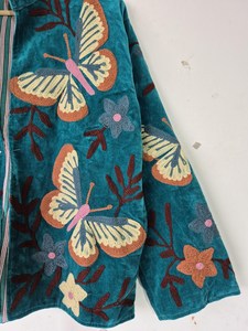 <b>Women's</b> Teal <b>Velvet</b> Bomber <b>Jacket</b> Stand Collar Zipper Butterfly Embroidered Autumn Coat Butterfly Embroidered <b>Women</b> <b>Jacket</b> - Product Image 4