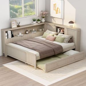 Divano letto matrimoniale in legno bianco antico con ripiani contenitore e letto estraibile - Product Image 1
