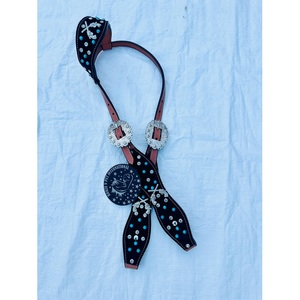 Ensemble de têtière et de collier de poitrine en cuir noir style western pour cheval, avec conchos en strass turquoise et franges, équipement équestre - Product Image 2