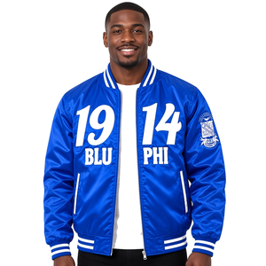 Chaqueta Bomber Varsity de Satén para Hombre Phi Beta Sigma 1914 con Letras Griegas Bordadas, Cierre Completo con Cremallera, Cuello y Puños Acanalados - Product Image 1
