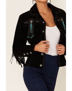 Black Fringe <b>Suede</b> <b>Jacket</b> Women Turquoise Beaded Concho Trim Boho Cowgirl Coat Handcrafted Tassel Outerwear Bulk Supplier USA - Product Image 2
