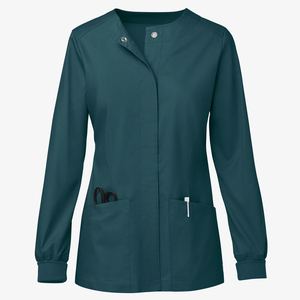 Blouse d'infirmière personnalisée OEM, col rond, fermeture à boutons-pression, poignets tricotés, prix de gros, élégante, unie, pour B2B - Product Image 5