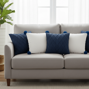 SOGA 5PC <b>Navy</b> Blue Diamond Knit Pillowcase Cream White Ribbed Knit <b>Pillow</b> Cover Pom-Poms Decorative Throw <b>Pillows</b> Set for Decor - Product Image 3