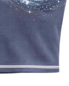 Débardeur côtelé bleu acier personnalisé pour femme avec col montant et motif vague en strass, sans manches, été, fabrication sur mesure - Product Image 2