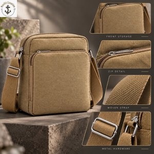 Bolso de Hombro de Lona Color Caqui con Doble Cierre y Espacio de Almacenamiento |   Bolso bandolera compacto con correa tejida para viajes y uso diario - Product Image 5