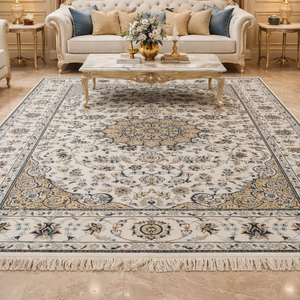 Tapis persan à motifs médaillon noué à la main - Bleu ivoire Qualité supérieure 12x60 - Product Image 1