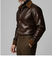 Veste en cuir PU marron pour homme, effet crocodile, col rabattu, bouton unique, coupe ajustée, style moto, vêtement d'hiver pour homme, effet croco