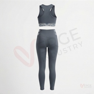 Conjunto de Yoga Geométrico Gris para Mujer, 2 Piezas, Top Corto sin Mangas con Cuello Redondo y Leggings Largos de Cintura Alta - Product Image 2