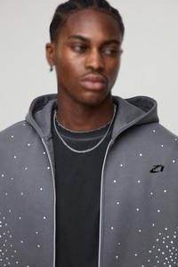 Sudadera con capucha gris de peso pesado para hombre con cremallera, detalles minimalistas de pedrería, estilo oversize, de algodón polar, fabricación personalizada - Product Image 3