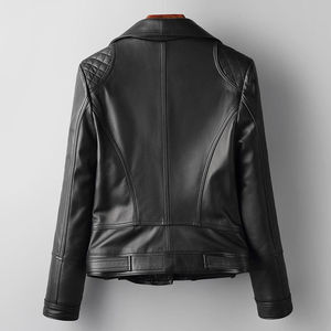 Chaqueta Corta de Cuero Genuino para Mujer, Forro de Satén, Corte Ajustado, Estilo Racerback, Negra, Alta Calidad, Transpirable, Impermeable, Resistente al Viento - Product Image 3