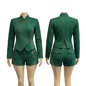 Women's Green 2 Piece Shorts Set Hooded <b>Blazer</b> Top with Pockets Short Sleeve Solid Autumn Office Outfit - Product Image 1