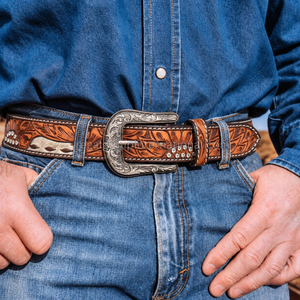 New Arrival Western Cowboy Leather <b>Belt</b> for Men Women Floral Tooled Brown <b>Belt</b> with Hair On Cowhide Rhinestone <b>Silver</b> <b>Buckle</b> - Product Image 4