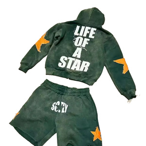 Ensemble streetwear tendance : sweat à capuche en coton délavé et vieilli, pantalon baggy oversize, broderie, impression en relief et strass - Product Image 1