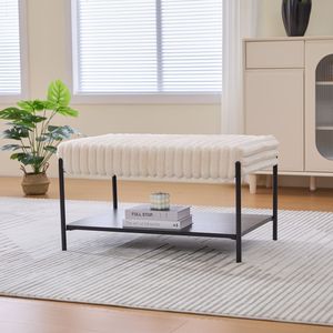 Poggiapiedi in Finta Pelliccia da 78 cm con Gambe in Metallo Nero, Ripiano Aperto in Legno e Top Imbottito - Product Image 3