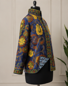 Chaqueta Reversible de Secado Rápido, Hecha a Mano, Azul Marino, Estilo Suzani, Mini Boho, con Bordado Floral, de Algodón y Terciopelo, Cuello Alto, Estilo Jaipuri - Product Image 4