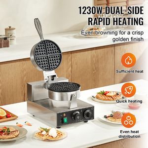 Commercial 1230W Round Non-Stick Stainless Steel Belgian <b>Waffle</b> <b>Maker</b> Temperature T Control <b>Waffle</b> Baker Machine - Product Image 1