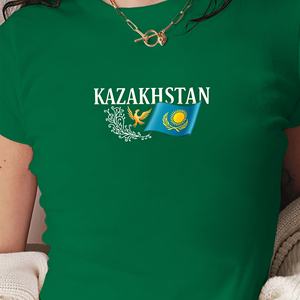 เสื้อยืดแฟชั่นสั้นสำหรับผู้หญิงคาซัคสถานพร้อมธงภาพประกอบ - Product Image 1