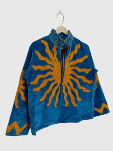 Hand Embroidered Sun Pattern Mandarin Collar Velvet Jacket Full Sleeve Boxy Fit Adult Autumn Wear - Product Image 4