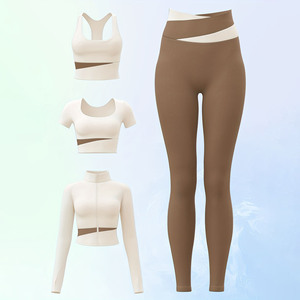 Seamless Women's 4-Piece Yoga Outfit Solid <b>Pattern</b> <b>Leggings</b> and Top Set for Gym & Workout Garment Dyed Technique - Product Image 1