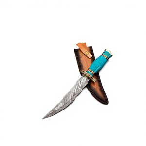 Cuchillo Bowie de Acero de Damasco Nuevo con Mango de Piedra, Hoja Fija, Cuchillo de Caza y Supervivencia con Funda de Cuero - Product Image 3