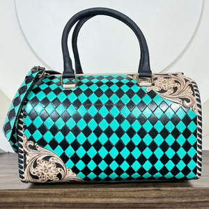 Bolsa de Viaje Grande de Cuero Genuino con Diseño a Cuadros Turquesa y Negro, Bolsa de Viaje de Cuero Hecha a Mano para Mujer - Product Image 4