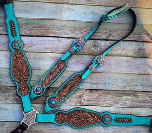 Cabezada y Collar de Pecho de Cuero Genuino Turquesa con Herrajes para Caballo, Estilo Western, Duradero, Ligero y Multifuncional - Product Image 1