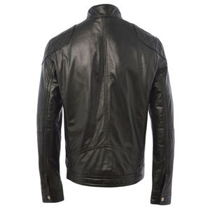 Men's Genuine Leather Moto Jacket <b>Stand</b> Collar Zipper Closure Solid Black Regular Fit Slim Style Autumn Wear - Product Image 2