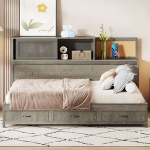Divano letto matrimoniale in legno grigio con 3 cassetti contenitore, ripiano superiore morbido, set di prese e porte USB - Categoria: Divani letto - Product Image 2