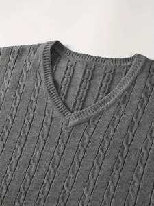 Gilet pull sans manches en maille torsadée col en V pour homme, coupe ajustée, style décontracté preppy, chaud, gris - Product Image 3