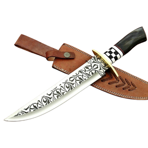 Handmade D2 Steel <b>Etched</b> Bowie Knife with Black Buffalo Horn Handle Decorative Engraved Fixed Blade and Brown Leather Sheath - Product Image 1