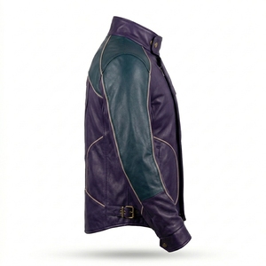 Veste de motard Darkry personnalisée pour homme en cuir véritable violet avec empiècements turquoise et fermeture éclair asymétrique – Vente en gros - Product Image 3