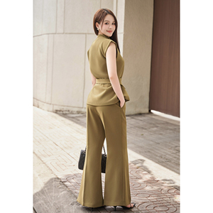 Ensemble blazer élégant pour femme, col mandarin, marron olive, avec haut ceinturé et pantalon évasé, costume deux pièces pour femme de bureau, NELLY - Product Image 4