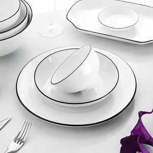 Services de vaisselle en porcelaine pour restaurants en gros – Assiettes minimalistes à lignes noires, sans BPA, compatibles micro-ondes - Product Image 6