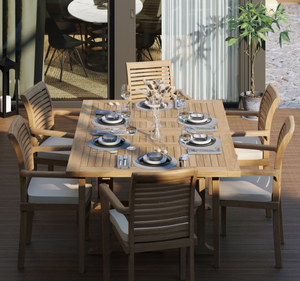 Ensemble de table à manger d'extérieur en teck massif moderne avec 6 chaises à accoudoirs, finition naturelle, meubles de jardin pour villa, hôtel, complexe hôtelier - Product Image 4