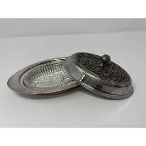 Mid Century Aluminum Silver Metal Butter Dish Pressed Daisies Glass Insert - Product Image 5