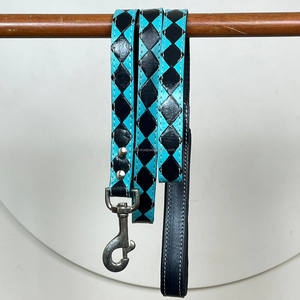 Popular hecho a mano diseñador personalizado Premium lujo mano Tooled negro y turquesa a cuadros collar de perro Correa juegos a juego de 3 piezas - Product Image 5