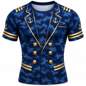 เสื้อยืดพิมพ์ลายทั้งตัว 100% โพลีเอสเตอร์ ออกแบบชุดกัปตันเรือ 3 มิติ สำหรับผู้ชาย เสื้อยืดปาร์ตี้ล่องเรือสุดฮา ขายส่ง รับทำโลโก้ OEM - Product Image 1