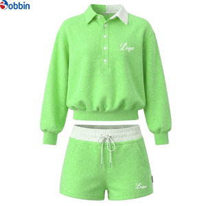 Autumn Wear Women's Custom logo 2pcs Sets Color-blocked Turn-<b>down</b> Neck Sweatshirts and Shorts Sets Casual Long-sleeve Set - Product Image 5