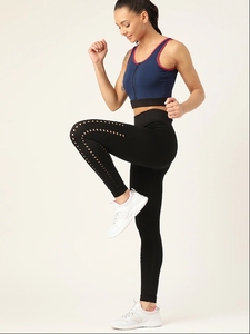 Sujetador deportivo azul marino para mujer con ribete rojo y cierre de cremallera frontal para yoga, fitness, entrenamiento, ropa deportiva - Product Image 2