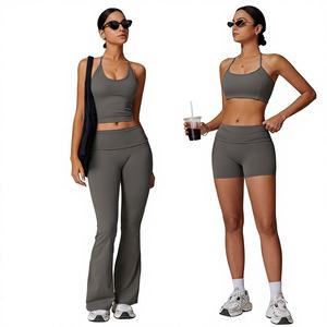 Conjunto de yoga de cintura alta para mujer 2026, talla grande, transpirable, con sujetador, chaleco, pantalones cortos y pantalones acampanados, conjunto sólido para entrenamiento, gimnasio y fitness. - Product Image 2