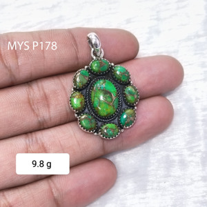 จี้เงินแท้ขัดเงาคุณภาพสูง ประดับด้วยพลอยเทอร์ควอยซ์สีเขียวธรรมชาติ ดีไซน์เก๋ไก๋  จี้เงินแท้แบบไม่ซ้ำใคร - Product Image 1