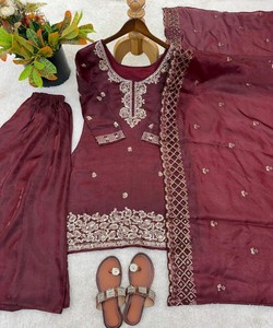 FANCY GMY SILK EMBROIDERY <b>BEADS</b> WORK <b>TOP</b> PALAZZO WITH DUPATTA WHOLESALE PRICE ETHNIC GARMENT 85063 PARROT WINE - Product Image 4