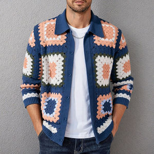 <b>Crocheted</b> Patchwork <b>Cardigan</b> Full Sleeve Button Closure Autumn Style Knit Sweater Blue Orange <b>White</b> Pattern - Product Image 1