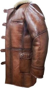 Veste d'hiver en cuir véritable marron pour homme avec doublure en fausse fourrure, col rabattable, coupe-vent, style décontracté long - Product Image 2