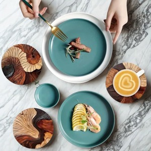 Ensemble de sous-verres en bois époxy Art Déco faits à la main, support en bois naturel, sous-verres pour boissons, décoration de table de mariage de luxe, ensemble cadeau - Product Image 2