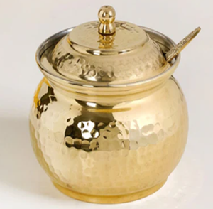 Exquisite hammered brass ghee <b>pot</b> features a glossy polished finish and a stately <b>lid</b>. Available at wholesale price. - Product Image 3