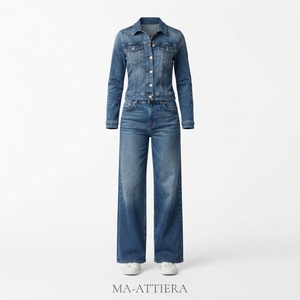 Ensemble veste en jean bleu et jean large pour femme, tenue décontractée en denim deux pièces, vêtements de mode streetwear - Product Image 3